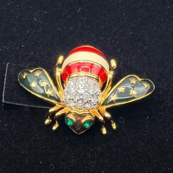 JOAN RIVERS PATRIOTIC BEE RED WHITE BLUE ENAMEL‎ BROOCH PIN WITH BOX